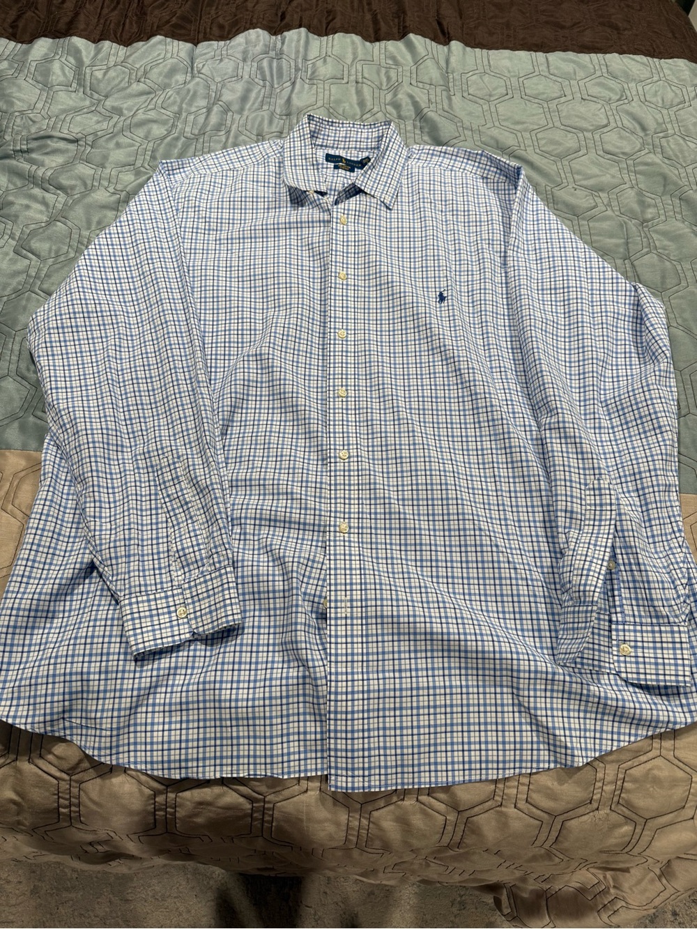 Polo Ralph Lauren Shirt Mens 2XLT White Blue Plaid Button Up Preppy 100% Cotton
